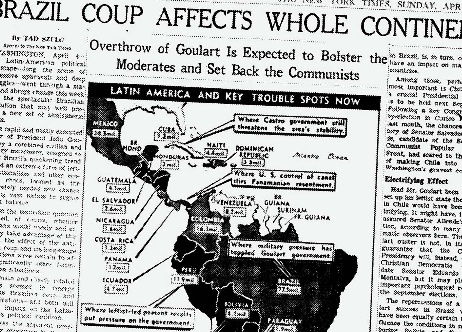 Illustration:
A New York Times article, from a 1964 paper, is blown up so that it extends beyond the edges of the frame. The headline reads: “Brazil Coup Affects Whole Continent.”