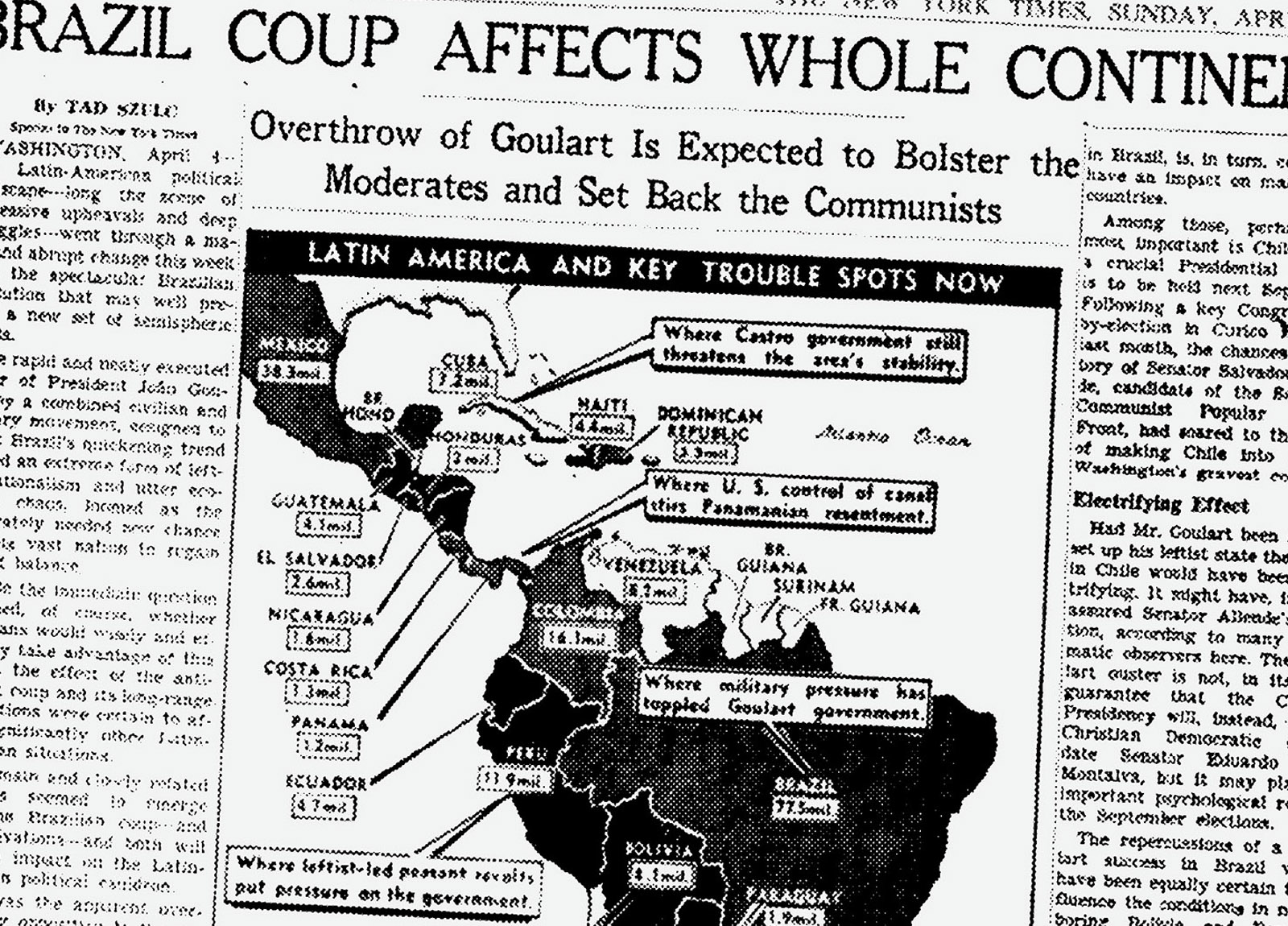 Illustration:
A New York Times article, from a 1964 paper, is blown up so that it extends beyond the edges of the frame. The headline reads: &ldquo;Brazil Coup Affects Whole Continent.&rdquo;