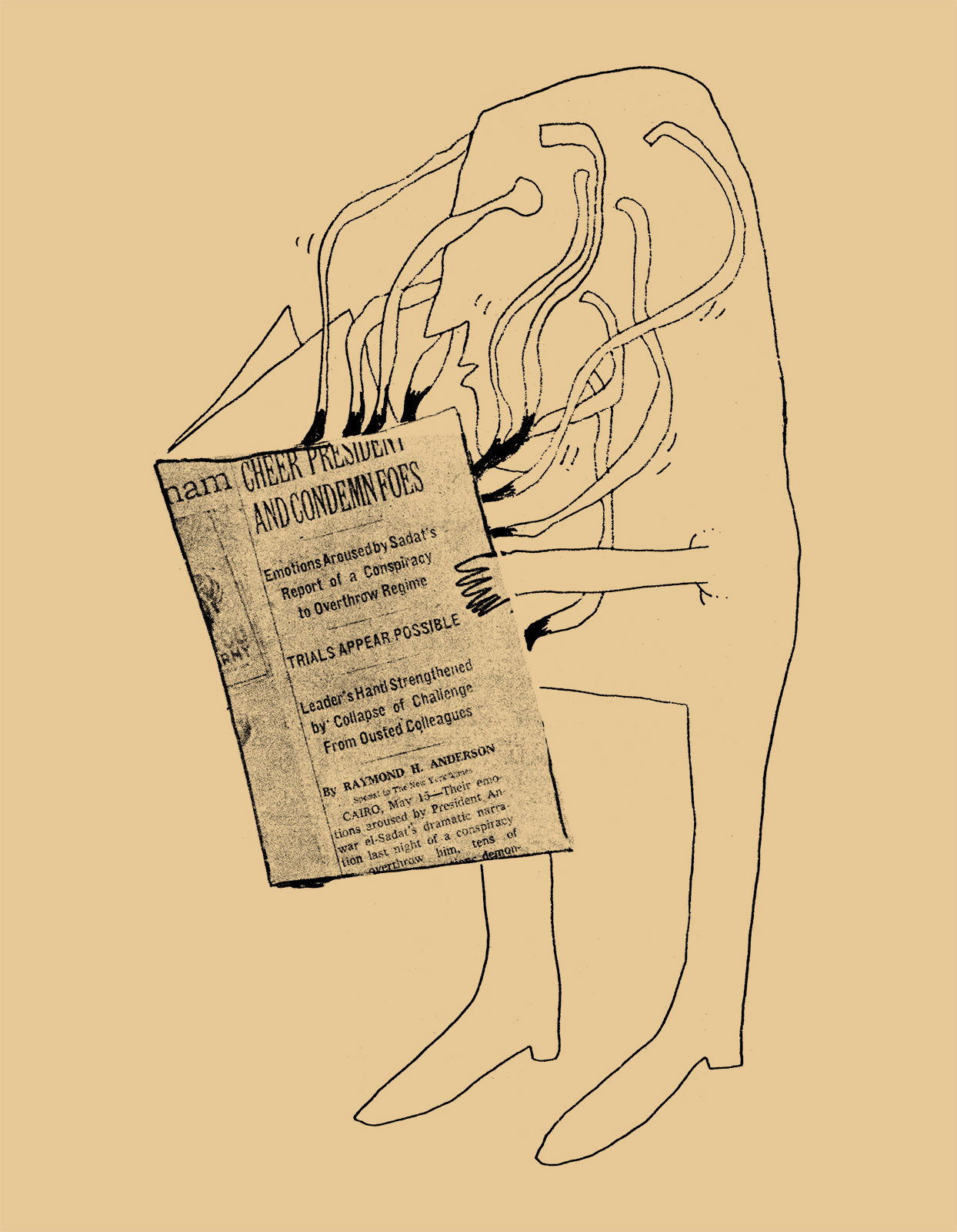 A line drawing of a standing figure reading the New York Times. Eight tendrils extend from the figure&rsquo;s head into the newspaper spread.