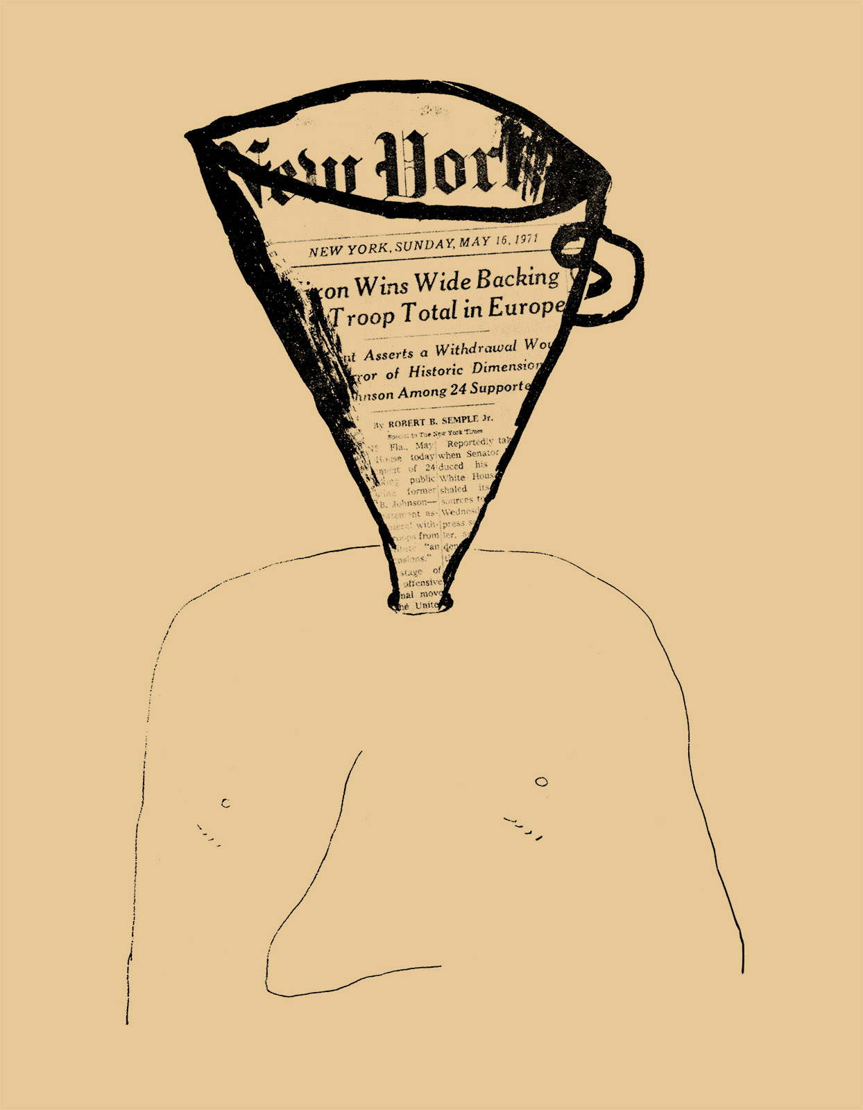A line drawing of the top half of a human head. There’s a small hole on the crown of the head, into which is inserted a funnel made out of the New York Times.