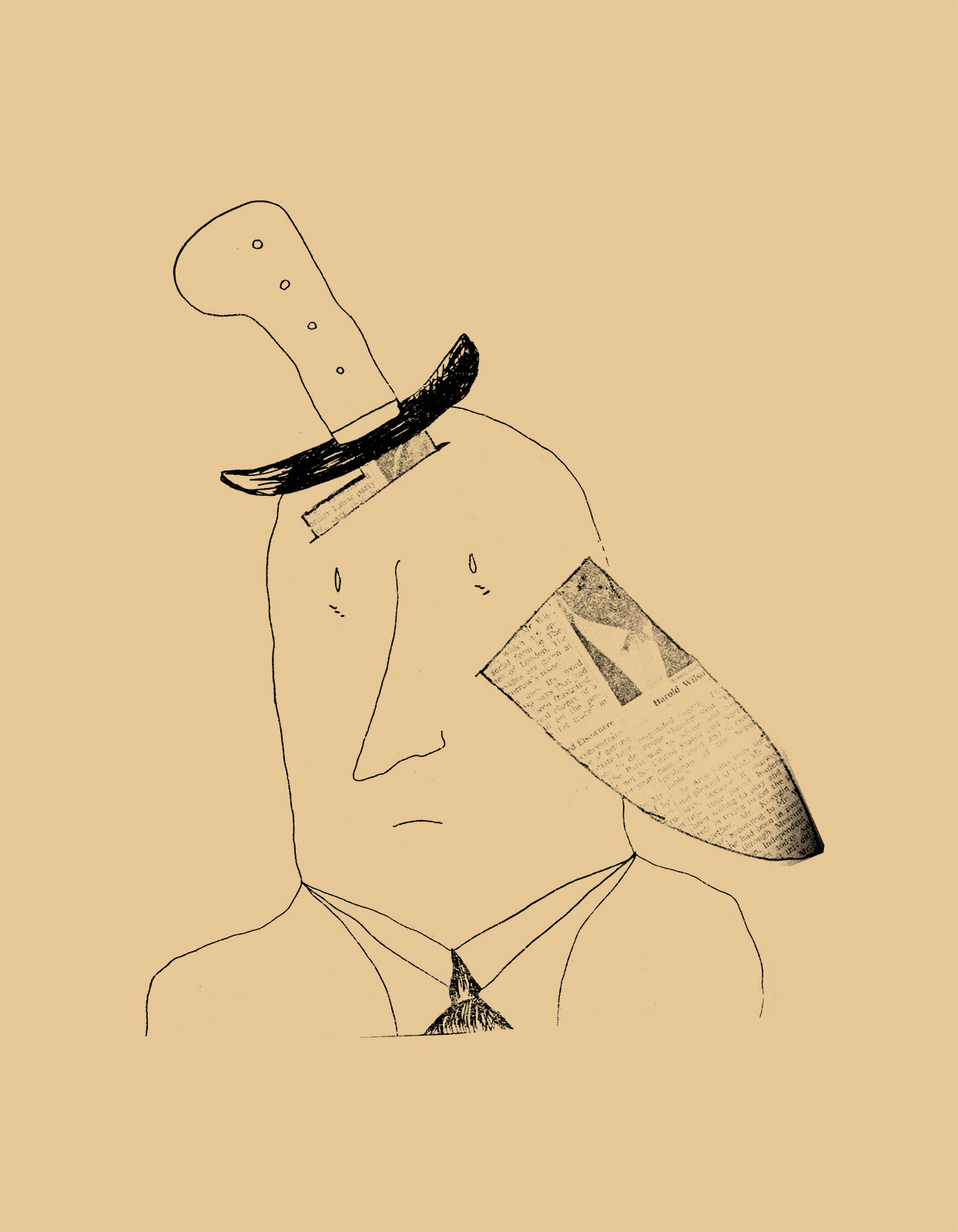A line drawing of a human head. The human wears a tie, and has a large knife stuck in his head. The blade of the knife is made of the New York Times.